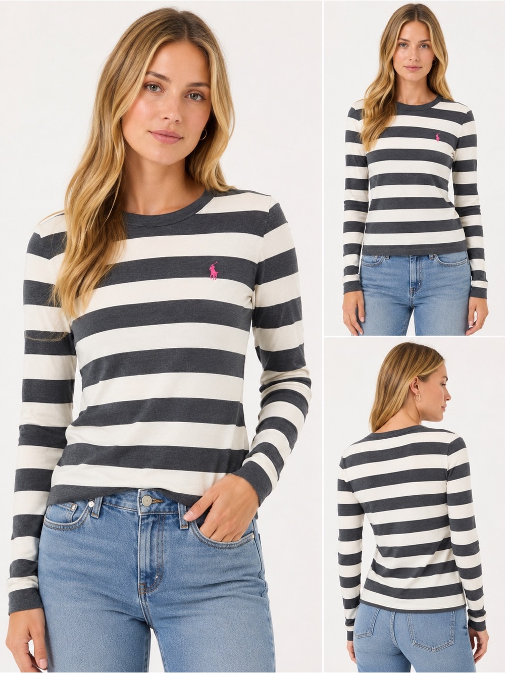 Ralph Lauren Sport Striped Long Sleeve Tee Pink Pony Logo Large